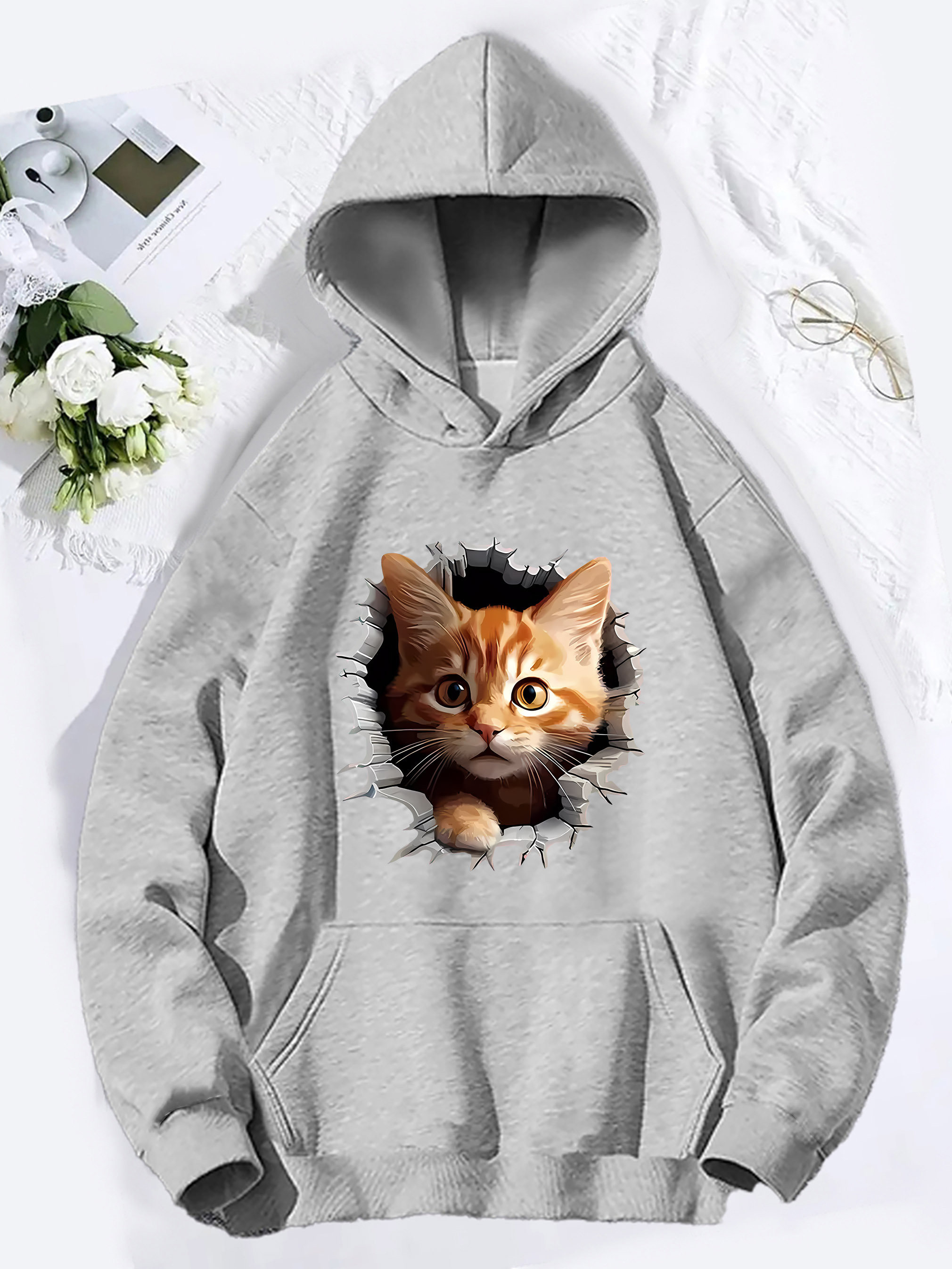 Felpa Donna Felpa Marsupio Gatto SHEIN LUNE Felpa Con Cappuccio A