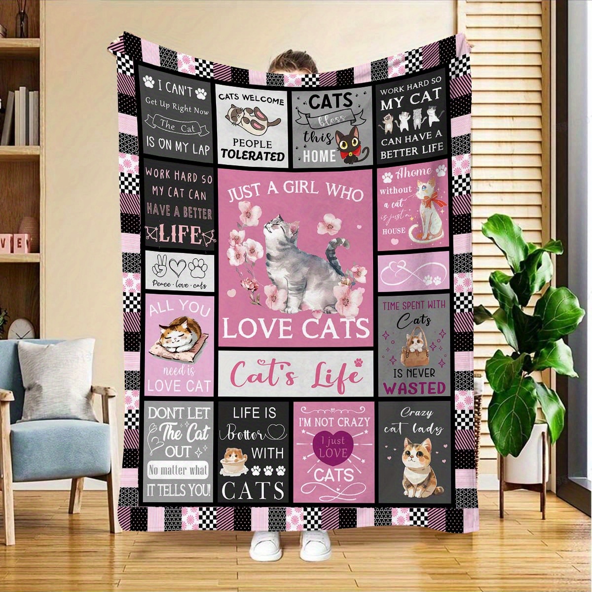 

Contemporary Knitted Polyester Throw Blanket With - Tear Resistant, Stain Resistant, Machine Washable - Cozy Blanket For Office, Bed, Sofa, Dorm - Ideal Gift For Cat Lovers