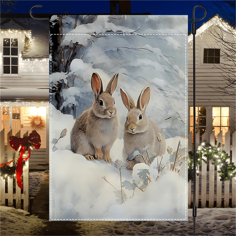 

Winter Garden Flag With Snow Rabbits Design – Double-sided, Polyester, Multipurpose Outdoor Banner Without Electricity, Fade-resistant, Machine Washable, 12x18 Inch For Yard, Lawn, & Home Decoration