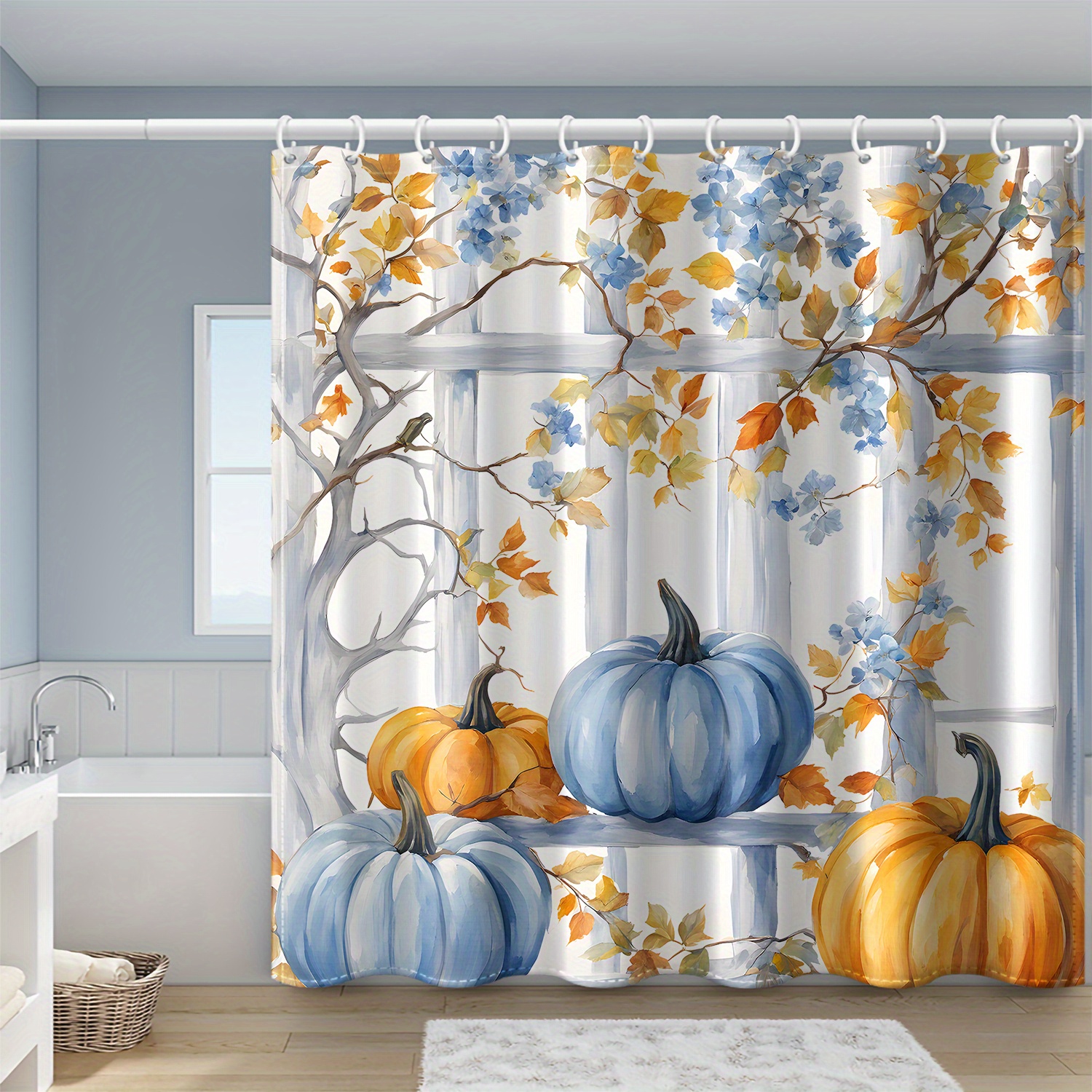 TEMU 1pc Thanksgiving Maple Pumpkin Autumn Printed Shower Curtain, Polyester Fabric With Hooks, Windows And Walls Bathtub Bathroom Home Decor Shower