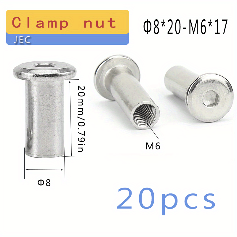 20pcs M6 304 Stainless Steel Chamfered Furniture Hexagonal Lock Nuts Plywood Screws