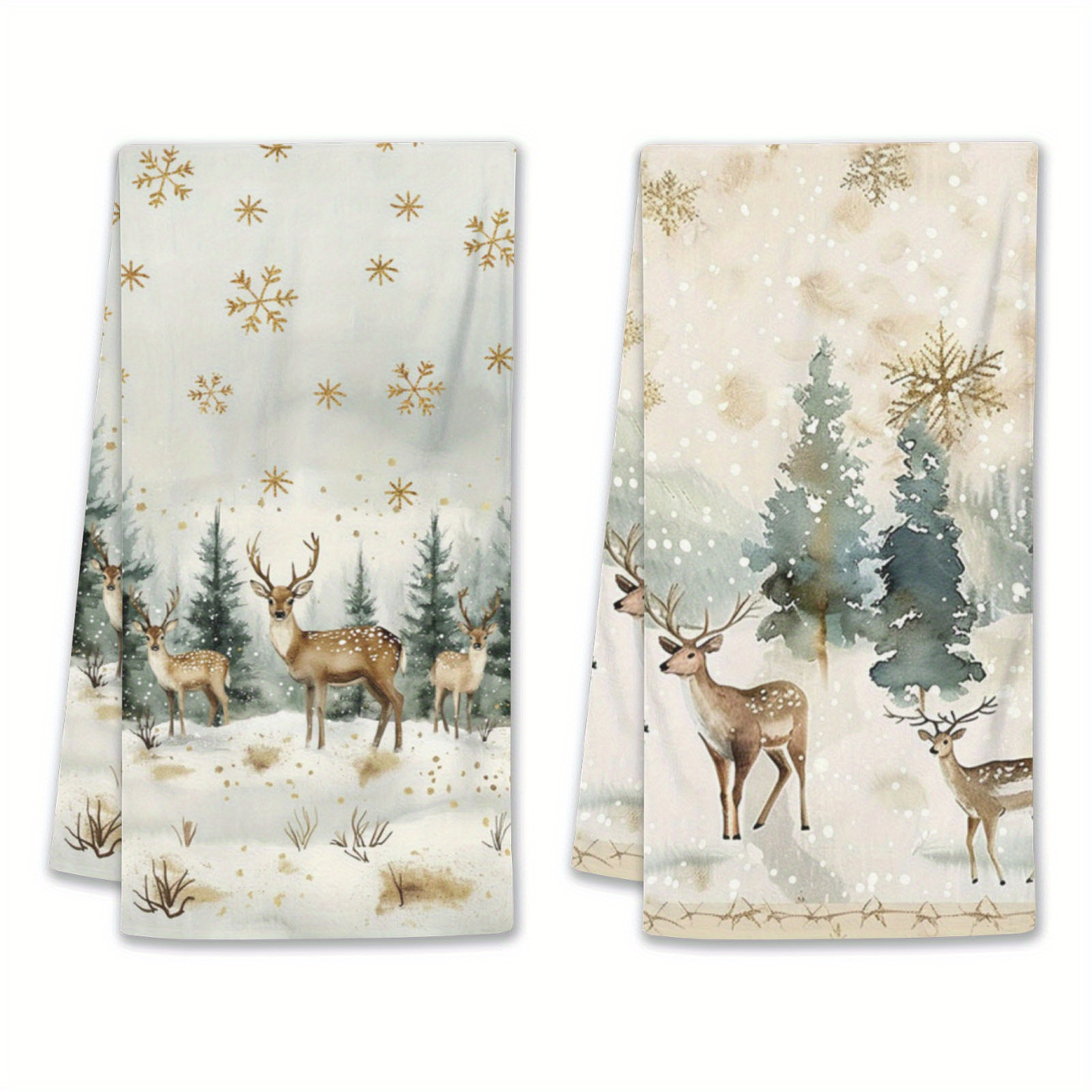 

2pcs Rustic Christmas Kitchen Dish Towels, 18x26 Inch, Vintage Watercolor Elk & Snowflakes Design, Soft Polyester Microfiber, Hand Wash Only, Farmhouse Style, Decor