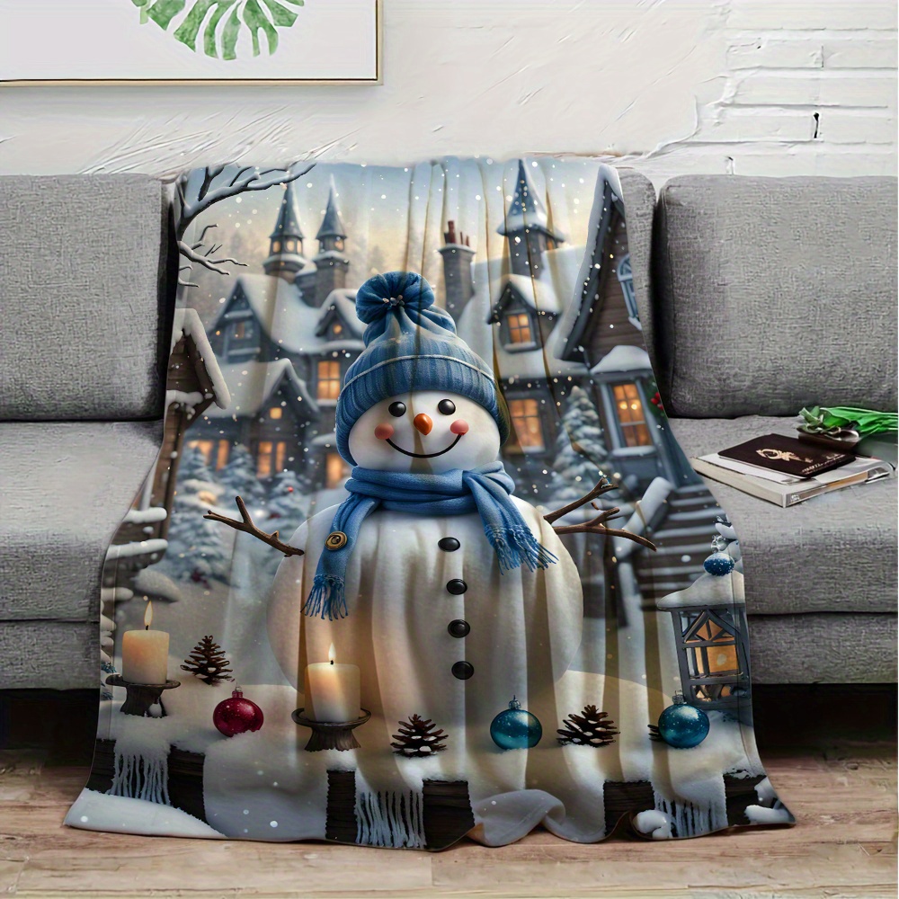 

Cozy Christmas Snowman & Candle Print Flannel Throw Blanket - For Couch, Bed, Office, And Outdoor Use - , Gift Blanket, Beach Camping, Pet, Living Room Decor