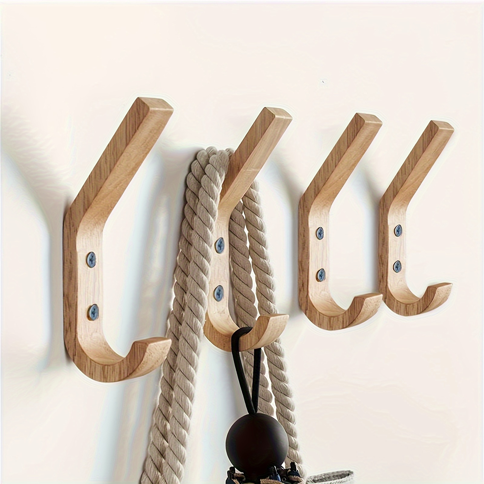 

4pcs Rustic Oak Wood Coat Hooks - Heavy Duty Wall Mounted Storage For Keys, Hats & More - Vintage Organizer