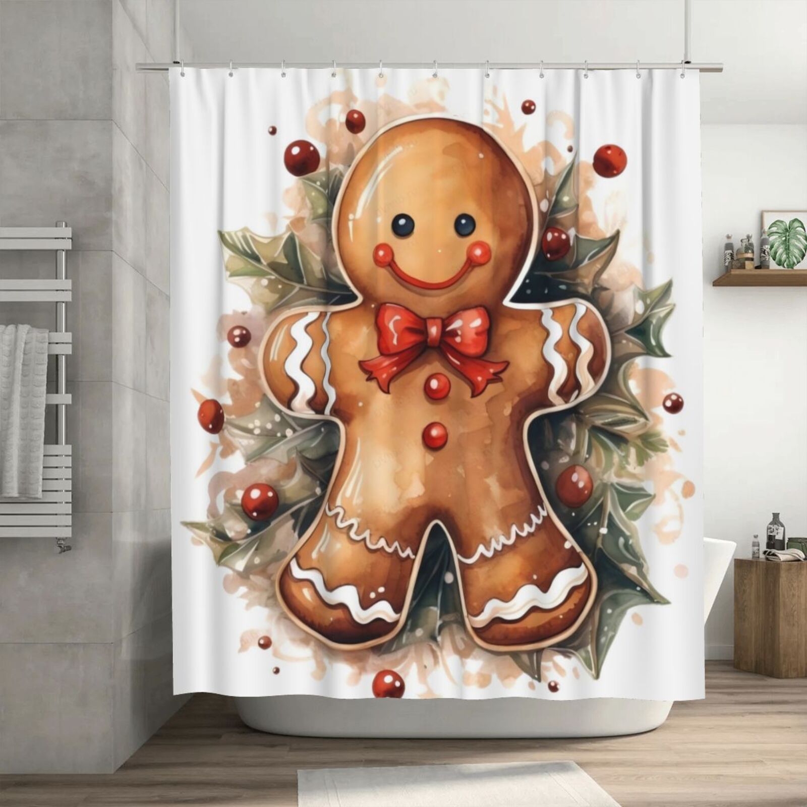 

Christmas Gingerbread Man Printed Bathroom , Waterproof Polyester Novelty Themed Bath Accessory With Grommets, Machine Washable, Water-resistant, Unlined, For Home Decor, 180x180cm