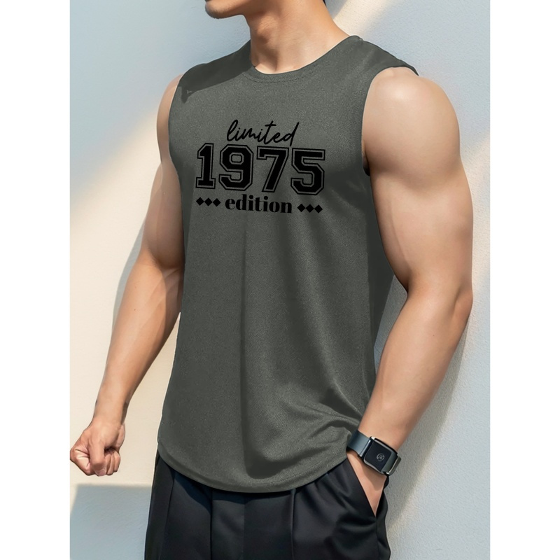 

Men's Polyester Geometric Pattern Tank Top, Casual Crew Neck Sleeveless Shirt With Slight Stretch, Knit Fabric, Regular Fit Summer Vest For Adults - 1975