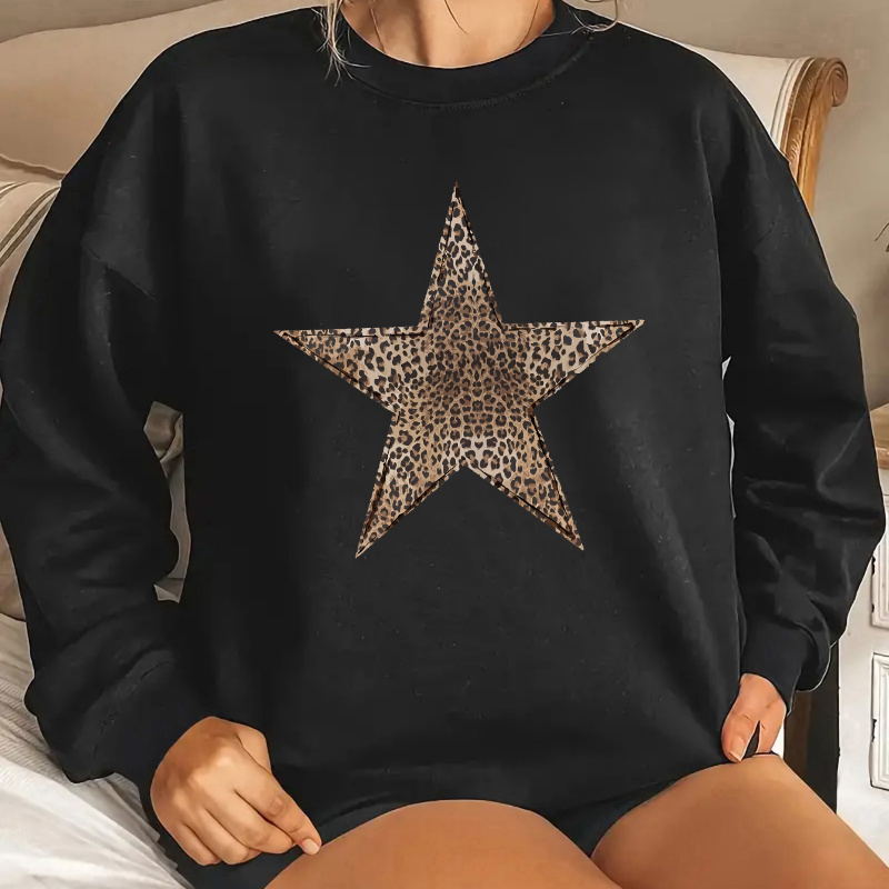 

Sweat à col rond décontracté pour femme avec imprimé léopard et motif étoilé - Tissu tricoté 100% polyester, pulls à manches longues confortables pour toutes les