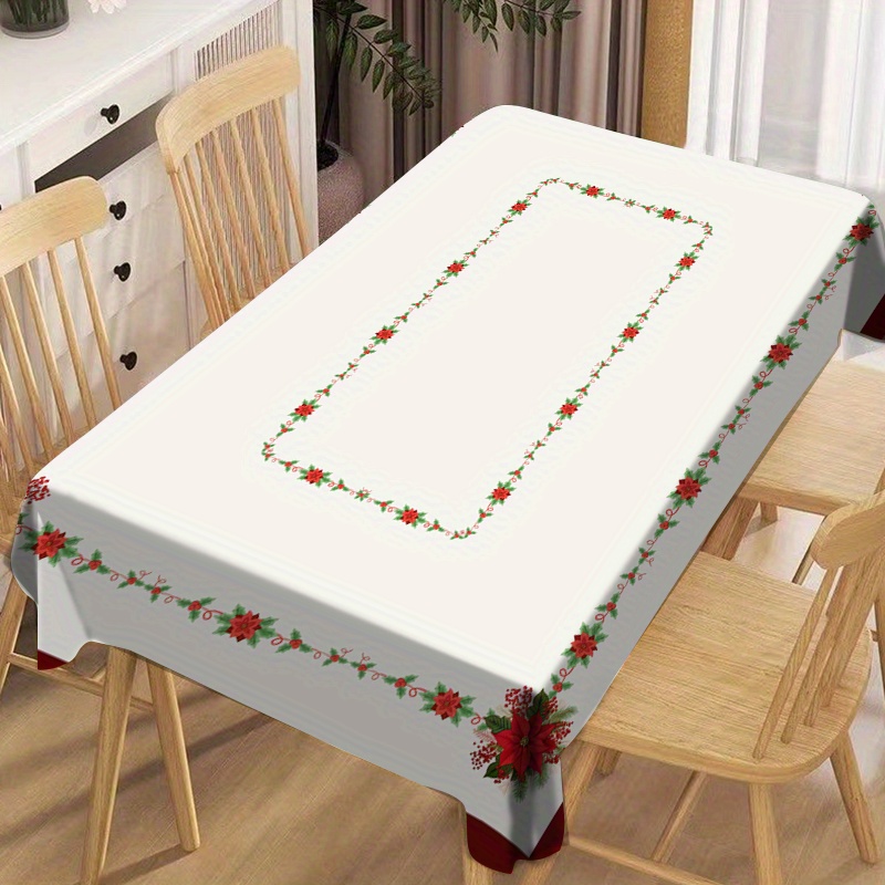 

Christmas Holly Tablecloth - Polyester Woven Rectangle Table Cover For Dining, Holiday Party Decor, Machine Made, Reusable, Fits Table Sizes