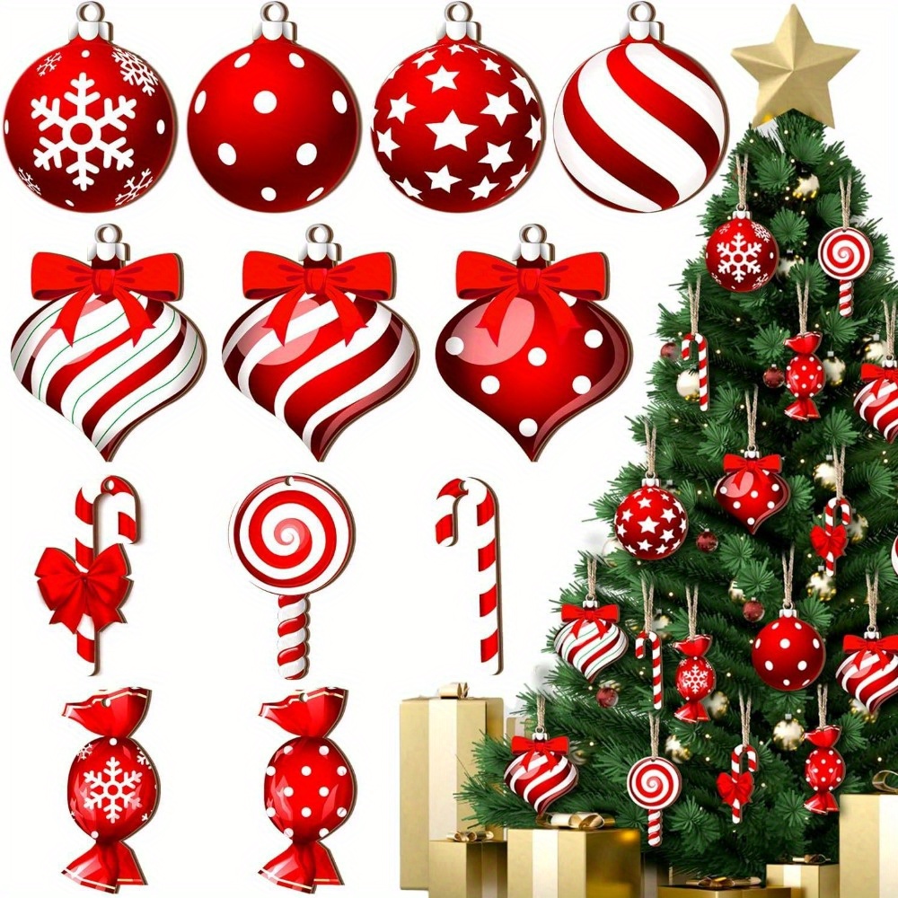 

12pcs Christmas Ornament Set - Log & Manufactured Wood Hanging Decorations For , , - For Christmas, New , , Halloween, - No Needed