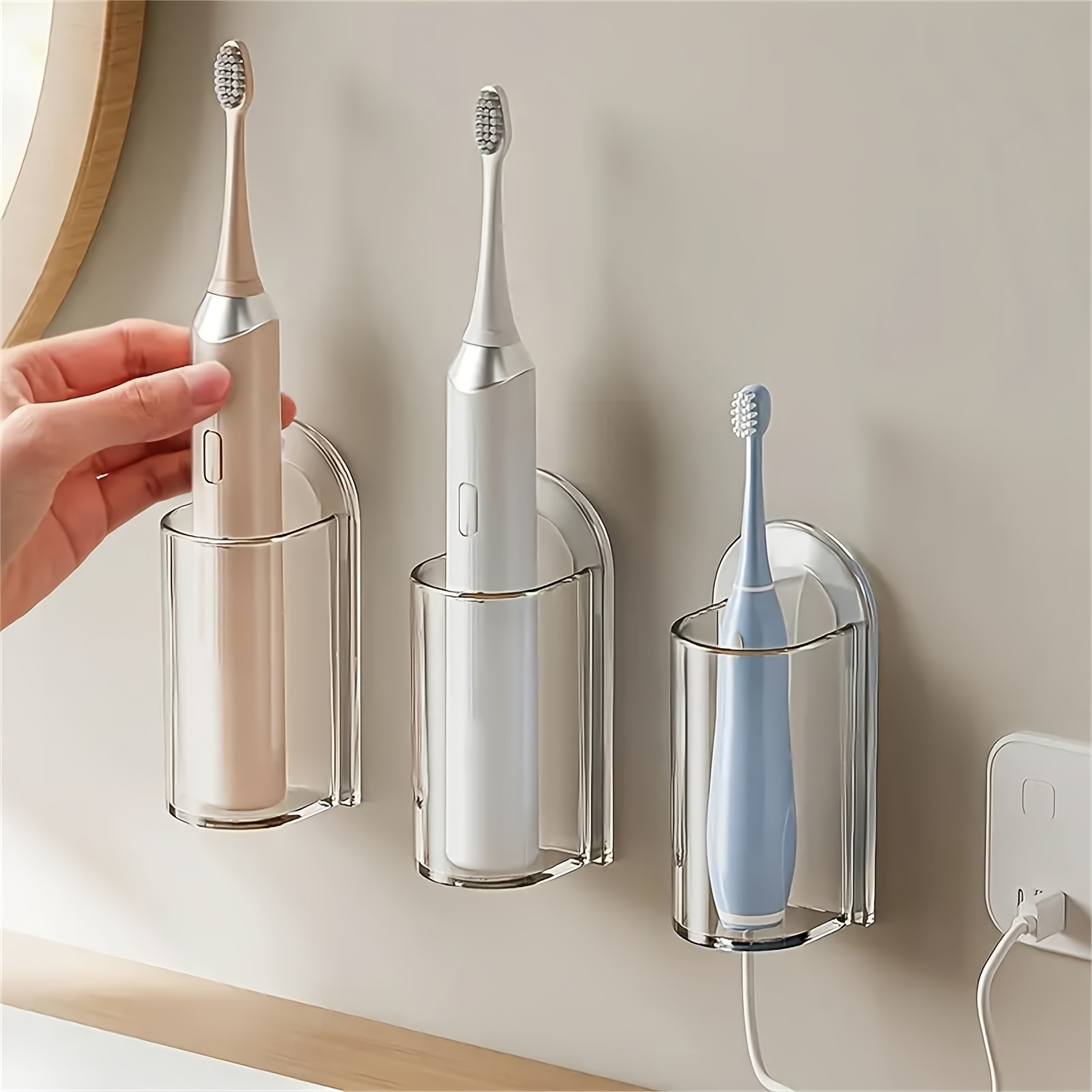 

3-pack Self-adhesive Electric Toothbrush Holders, Wall-mounted Plastic Storage For Bathroom, No-drill Installation, No Electricity Needed