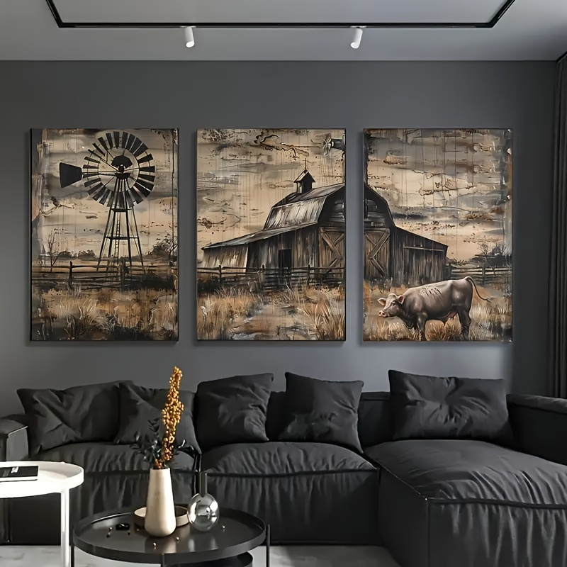 

3pcs Farmhouse Art Set- Decorative Art Classic Landscape Canvas, Windmill And Barn Theme, Home Office, Bathroom, Living Room, Bedroom Decoration, Canvas Hanging Decoration