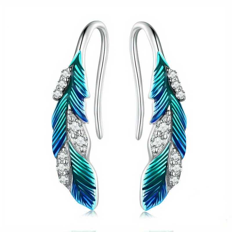 Image of 1 Pair Fashion Easy Niche Feather Stud Earrings Copper Silver Plated Gradient Oil Synthetic Zirconia Ear Jewelry Gift