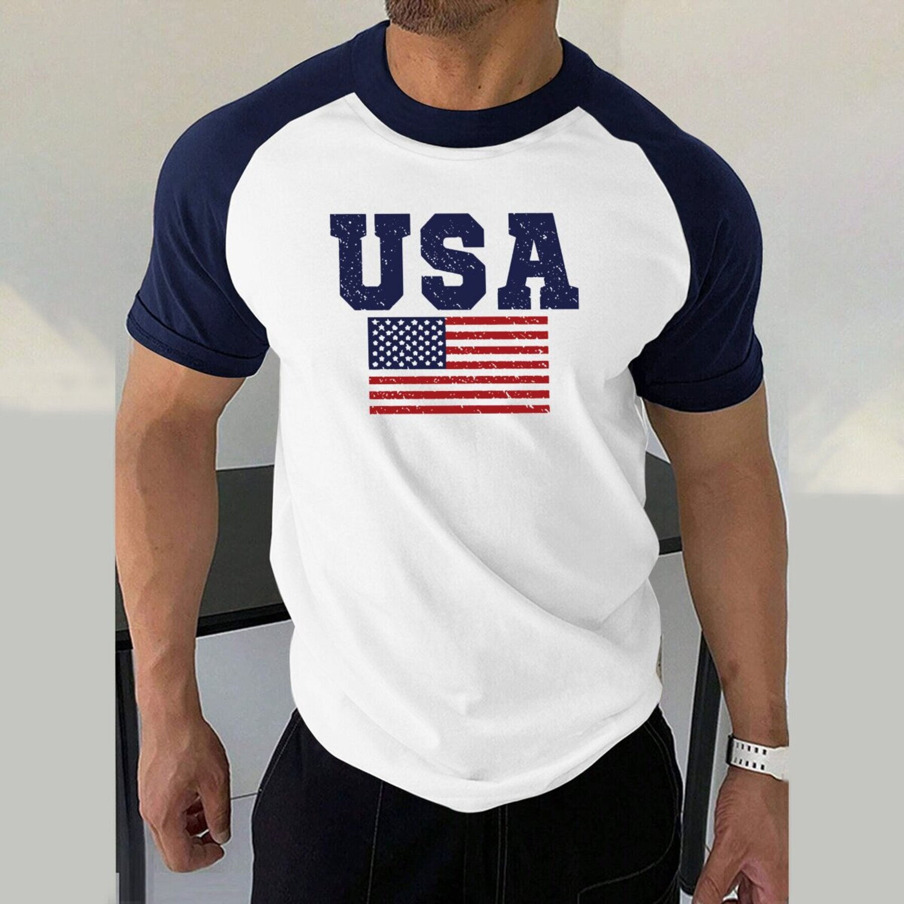 

T-shirt décontracté à manches courtes pour homme, col rond, polyester, imprimé américain patriotique, tissu et extensible, coupe , haut tendance toutes .