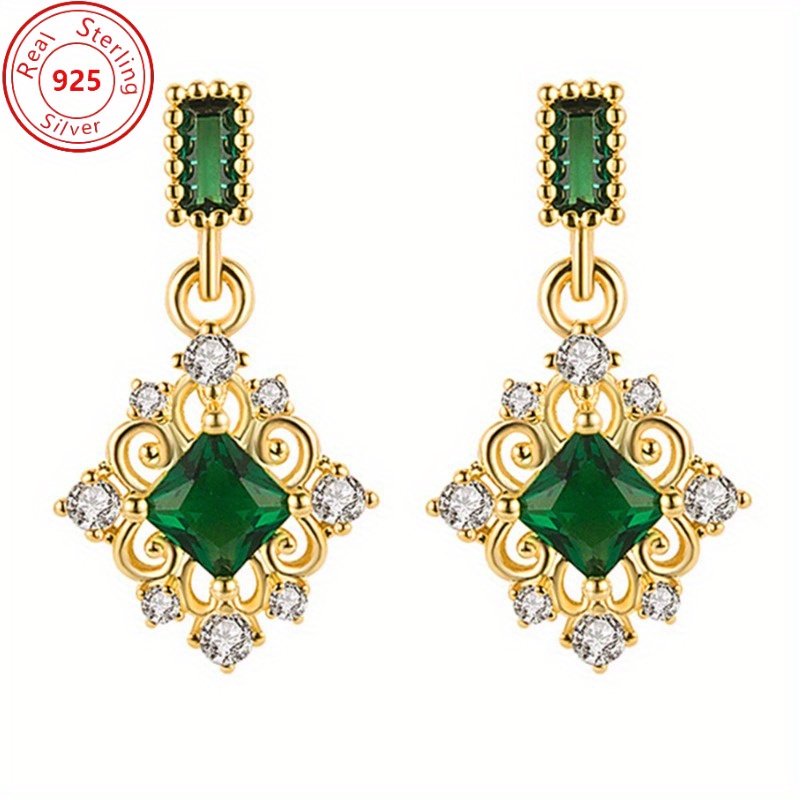 

1 Pair Of S925 Sterling Silver Pendant Earrings - Hypoallergenic - Stylish Luxury With Sparkling Synthetic White And Green Zircon - Wear And Banqueting - The Perfect Feminine Charm Gift