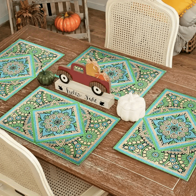 

4pcs Theme Placemats - Floral Mandala Diamond Design, Heat Resistant, Polyester Rectangular Table Mats For Farmhouse Kitchen, Parties, Outdoor Activities, Picnic Decor