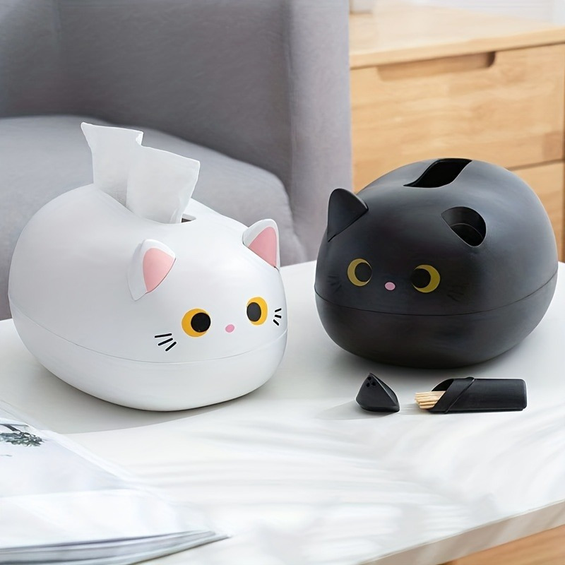 

1pc Plastic Cat Box Dispenser, Napkin Holder With Lid, Black & White Cat Paper Storage Container, For Home Decor