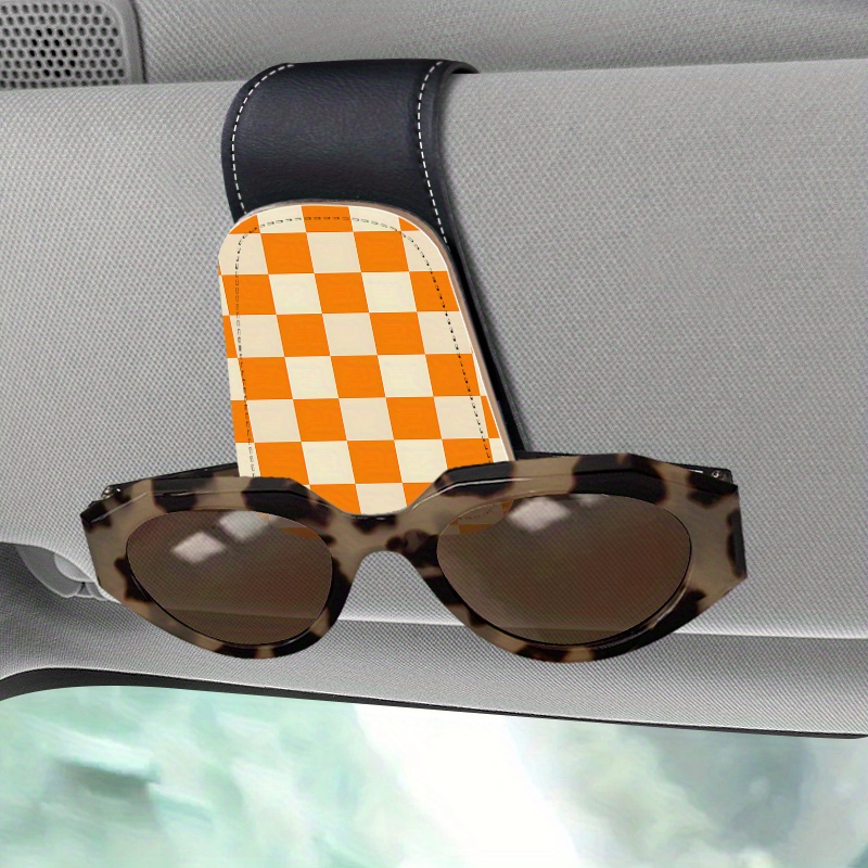 

1pc Magnetic Pu Leather Fashion Glasses Holder For Car Visor – Orange & White Checkered Design, Easy No-damage Installation, Fits Models, Stylish And Functional Accessory, Holder For Car