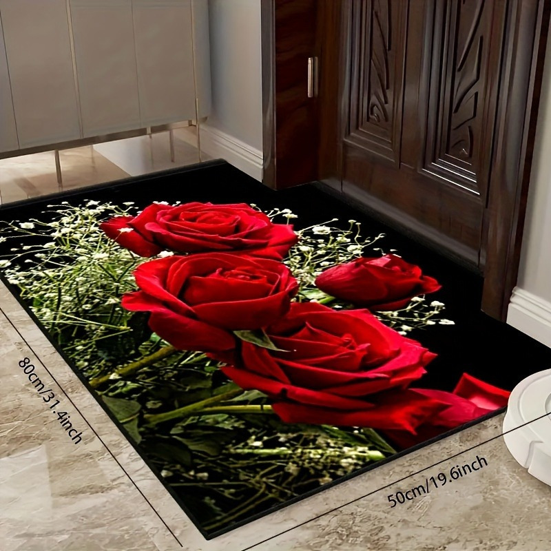 elegant floral polyester area rug 1 piece non slip hand washable low pile flannel decor   fade resistant rug for living room bedroom bathroom kitchen laundry red   details 0