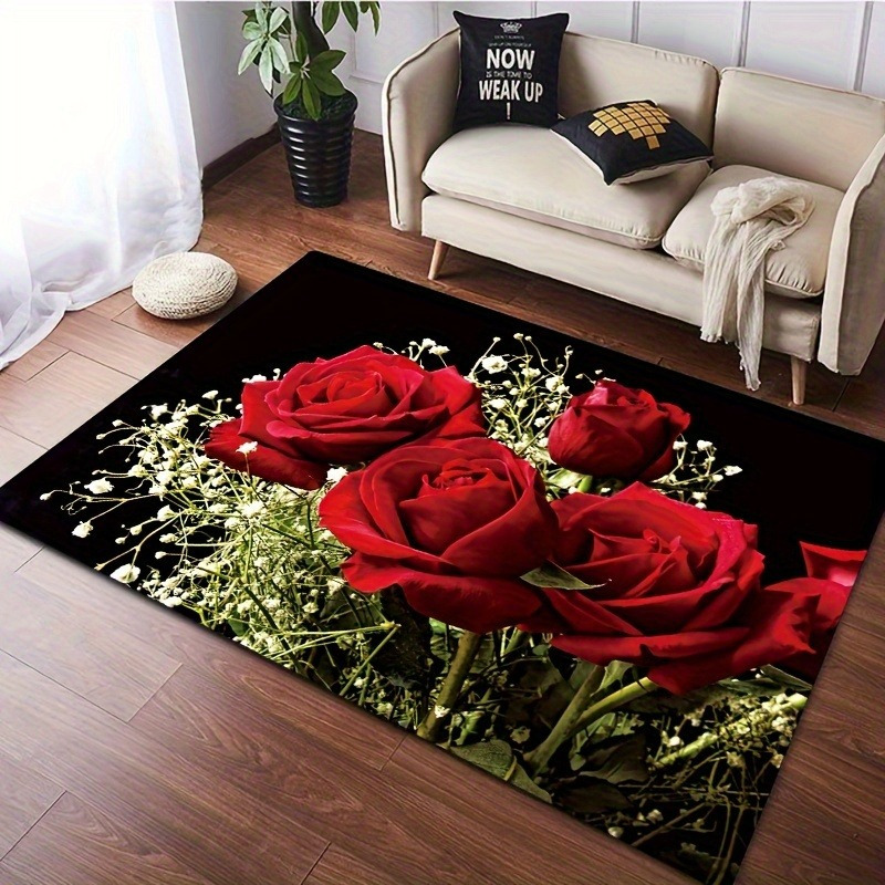 elegant floral polyester area rug 1 piece non slip hand washable low pile flannel decor   fade resistant rug for living room bedroom bathroom kitchen laundry red   details 1