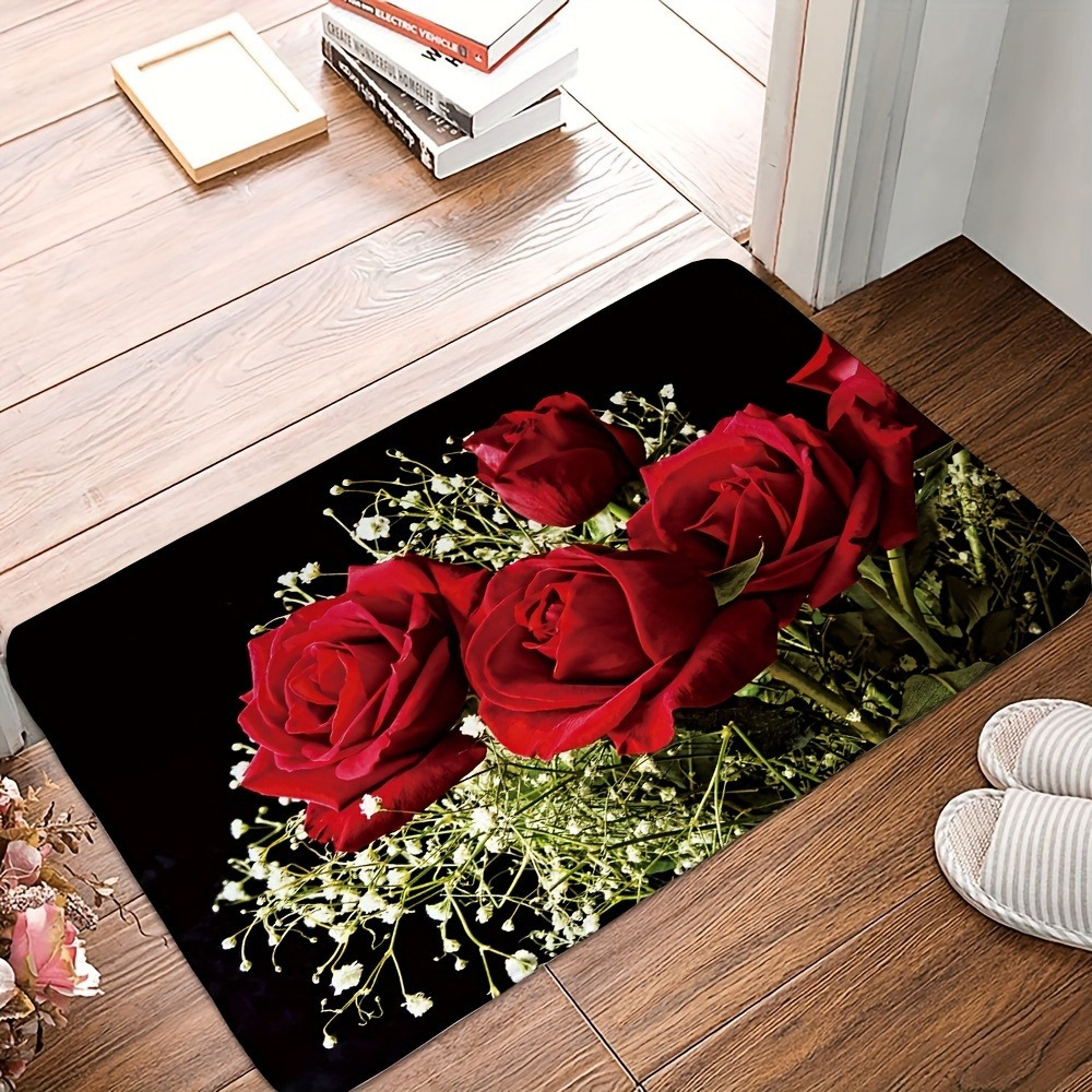 elegant floral polyester area rug 1 piece non slip hand washable low pile flannel decor   fade resistant rug for living room bedroom bathroom kitchen laundry red   details 2