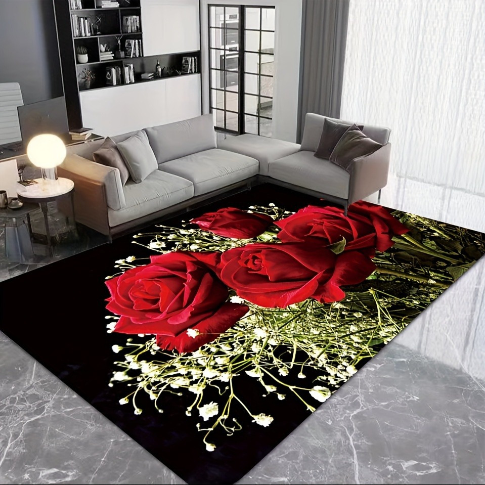 elegant floral polyester area rug 1 piece non slip hand washable low pile flannel decor   fade resistant rug for living room bedroom bathroom kitchen laundry red   details 3