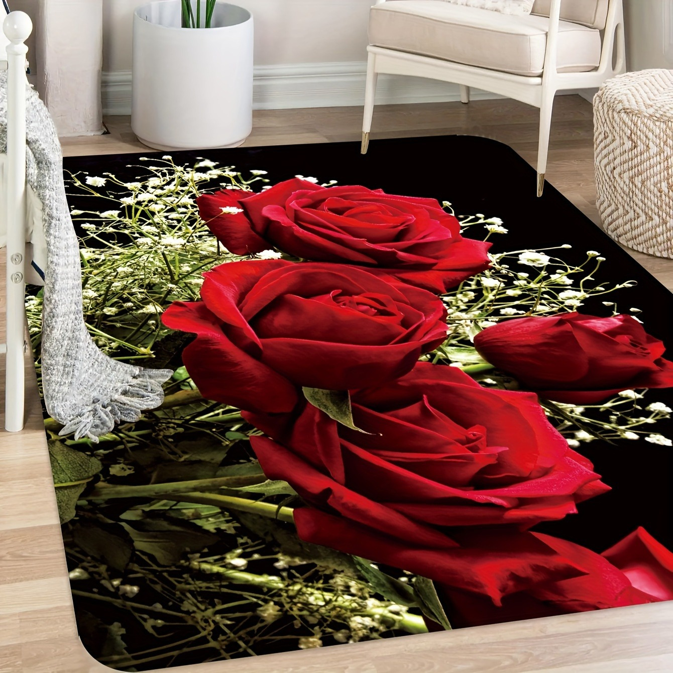 elegant floral polyester area rug 1 piece non slip hand washable low pile flannel decor   fade resistant rug for living room bedroom bathroom kitchen laundry red   details 5