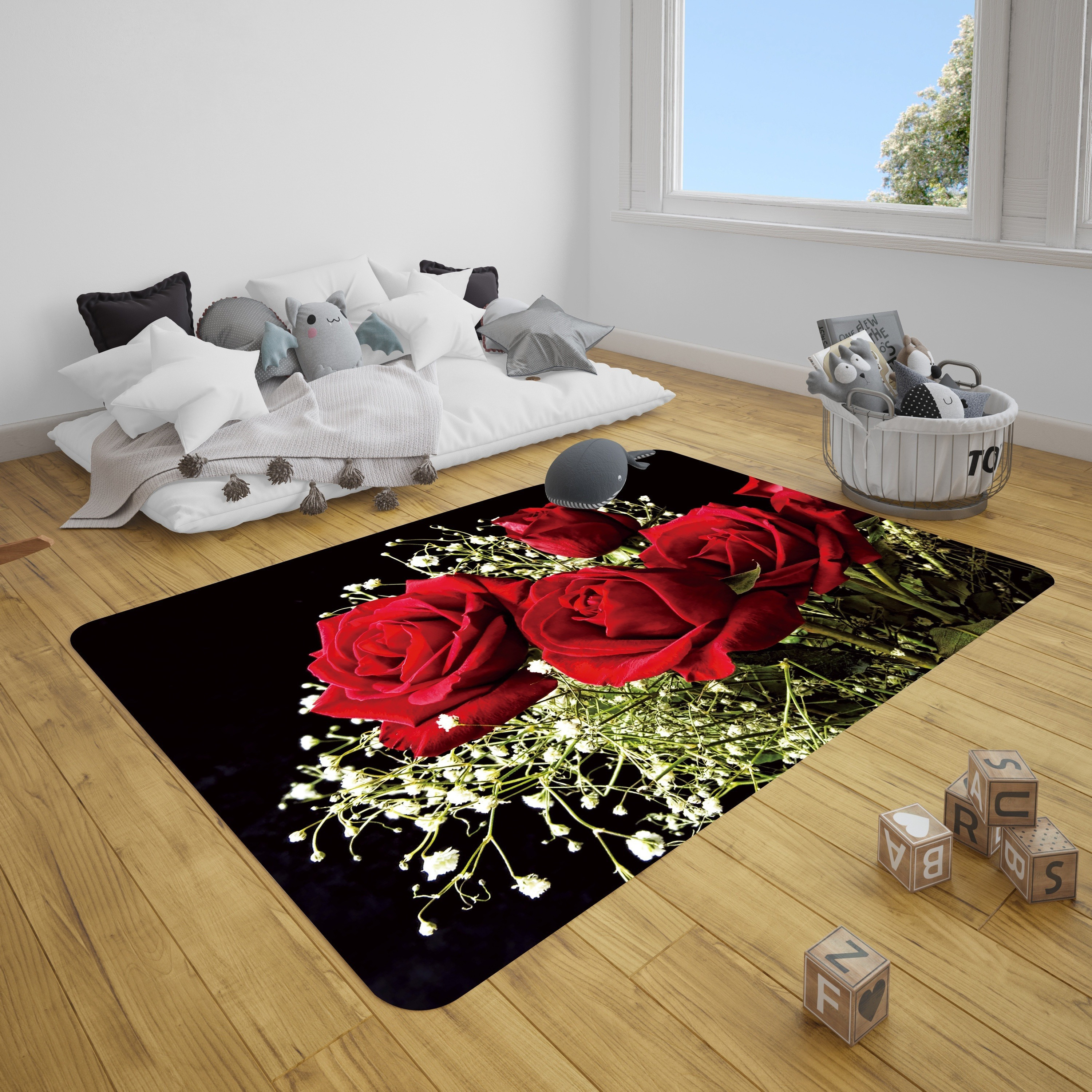 elegant floral polyester area rug 1 piece non slip hand washable low pile flannel decor   fade resistant rug for living room bedroom bathroom kitchen laundry red   details 6