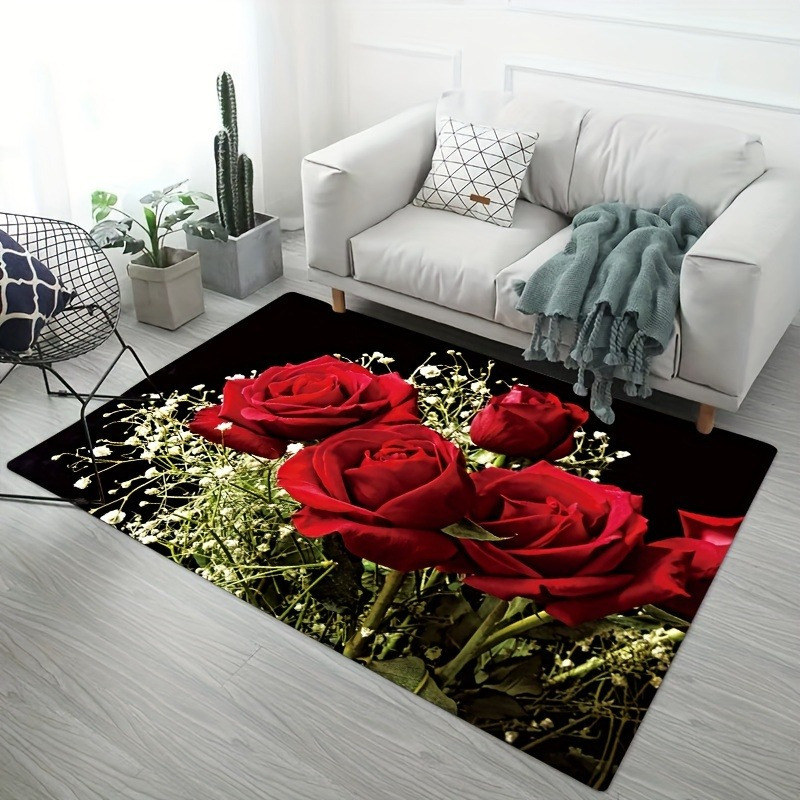 elegant floral polyester area rug 1 piece non slip hand washable low pile flannel decor   fade resistant rug for living room bedroom bathroom kitchen laundry red   details 7