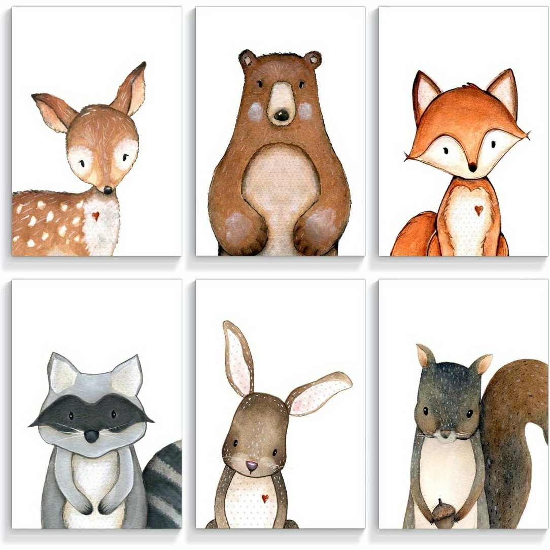 TEMU 2d Flat, 2d Flat, Set Of 6 Frameless Prints Featuring Adorable Forest Animals Like A Deer, Bear, Fox, Raccoon, Rabbit, And Squirrel, Perfect For