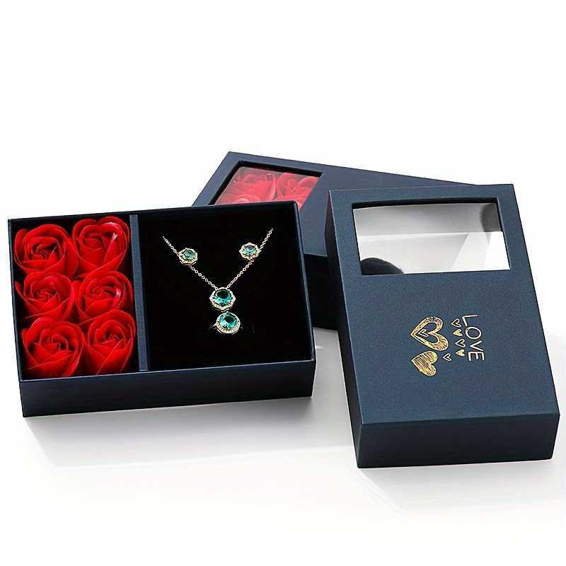 

Boîte Cadeau Rose Éternelle pour la Saint-Valentin avec Bijoux - 6 Fleurs, Sac à Main & Carte de Vœux pour Présentations Romantiques