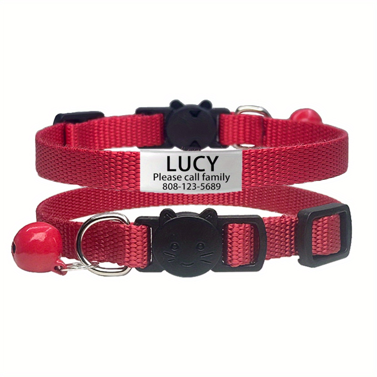 TEMU Customizable Nylon Collars For Cats, Featuring Vibrant , Breakaway Safety Buckles, Bells, And Personalized Name Id Tags. Adjustable For Kittens