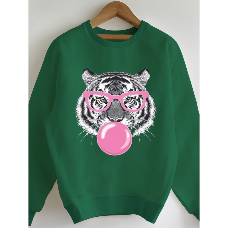 

Tiger With Print Sweatshirt, Casual Crew Neck Long Sleeve Sweatshirt, Women's Clothing