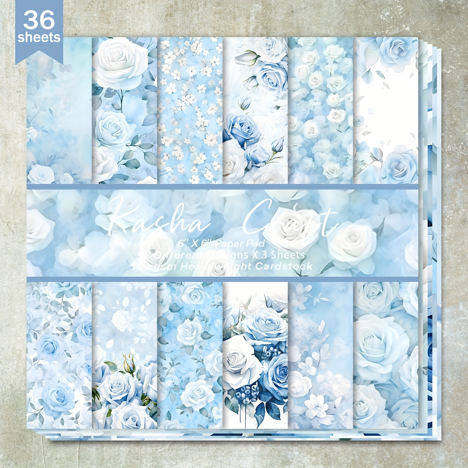 

Bloc de 36 feuilles artisanal floral, pages de scrapbooking sur le thème des roses de 6 pouces carrés, polyvalent pour , les albums, de vœux et les loisirs créatifs, de roses bleues et blanches