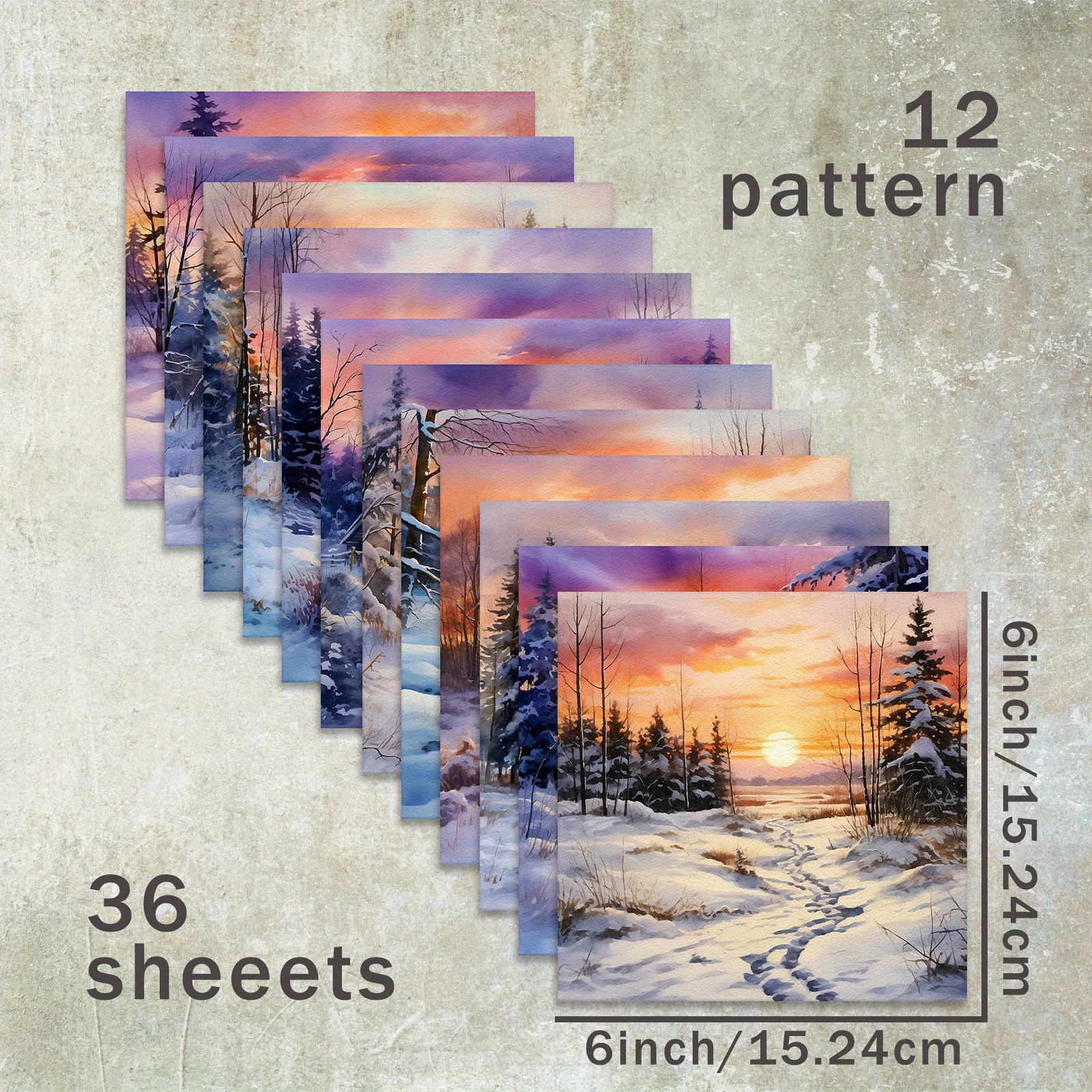 Image of 36 Sheets Of 6-inch Paper Featuring A Winter Christmas Sunset Snow Scene, Suitable For Journals, Junk Journals, Greeting Card Backgrounds, Albums, And Crafts