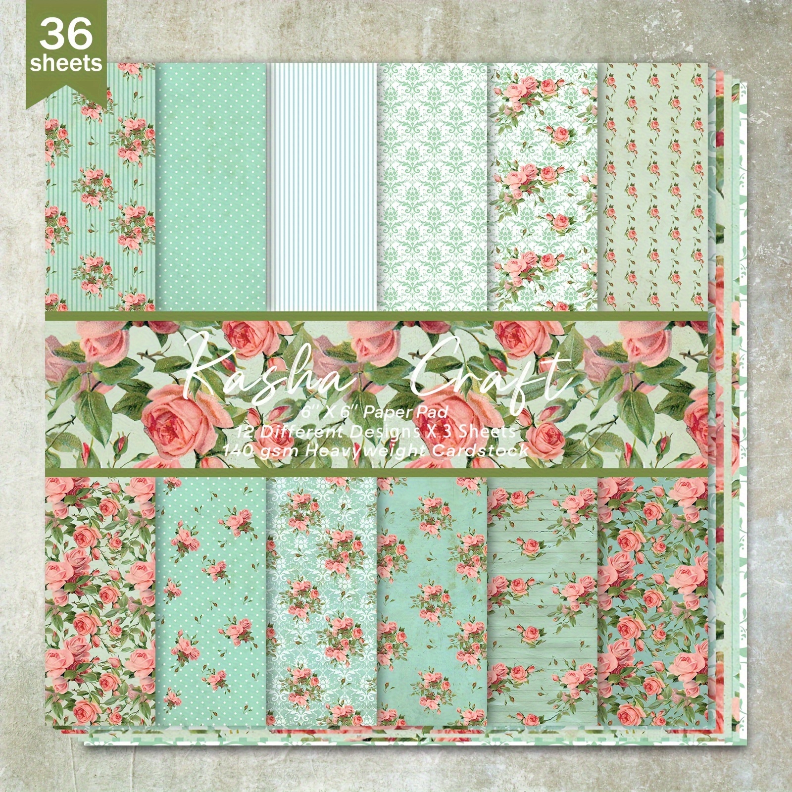 

36 Sheets 6x6inch Scrapbooking Paper, Rose Green Striped Pattern, Office Supplies, Crafting, Bullet Journal, Card Making, Album Background, Student Stationery