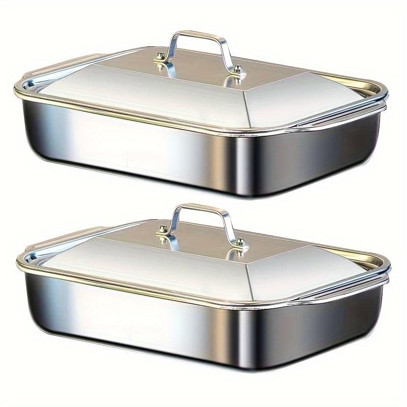 2  stainless steel bbq fish plates with lids   non stick square serving dishes for grilling seafood   buffets outdoor cooking everyday meals easy clean rust resistant design details 0