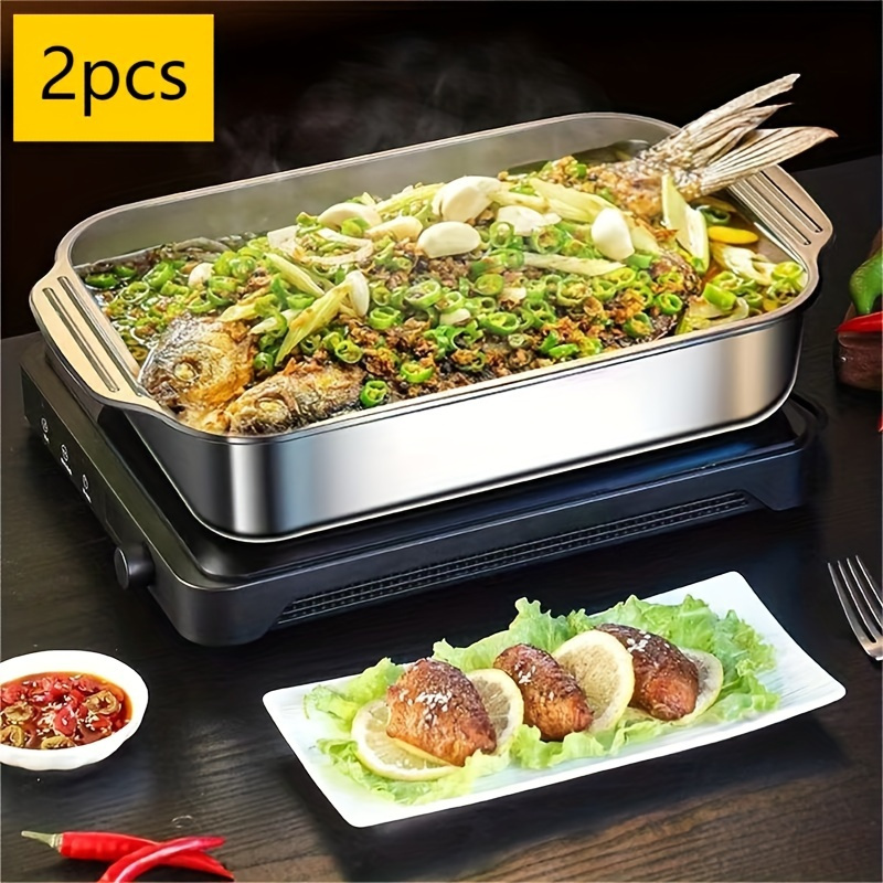 2  stainless steel bbq fish plates with lids   non stick square serving dishes for grilling seafood   buffets outdoor cooking everyday meals easy clean rust resistant design details 3