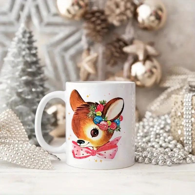 

1pc Retro Christmas Mug, Cottagecore Deer Design, , Vintage Ceramic Coffee Cup, Handwash Only, Reusable, Home Kitchen Decor, Holiday Gift Idea