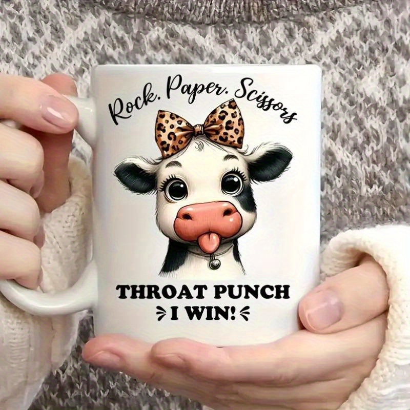 

Ceramic Coffee Mug With Cow Design - 11oz Rock Throat Punch Graphic - Handle - Ideal Gift For Birthdays, & Father's Day (1pc)