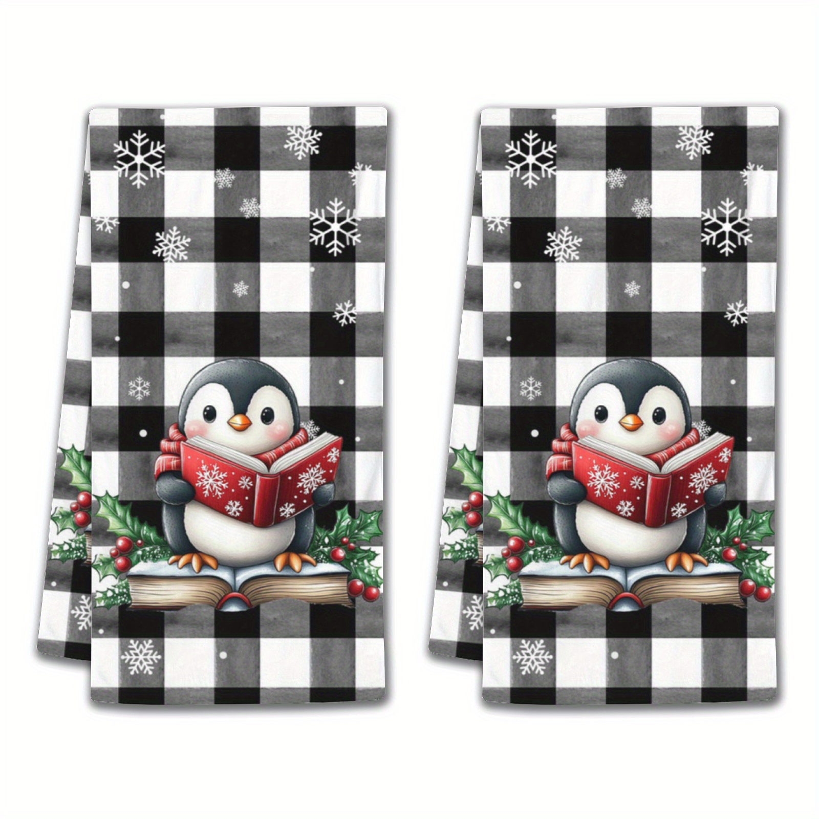 TEMU 2pcs Vintage Christmas Bathroom Hand Towel, Check With Penguin Design, Soft Polyester Microfiber, Modern Cartoon Style, Rectangular Bathroom