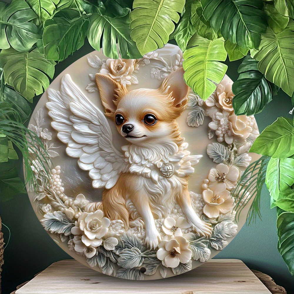 

Chihuahua Winged Pet Memorial Decorative Plaque 8-inch Round Aluminum Sign - Waterproof, Pre-drilled, Weather-resistant With No Feathers, Contemporary Style, Material