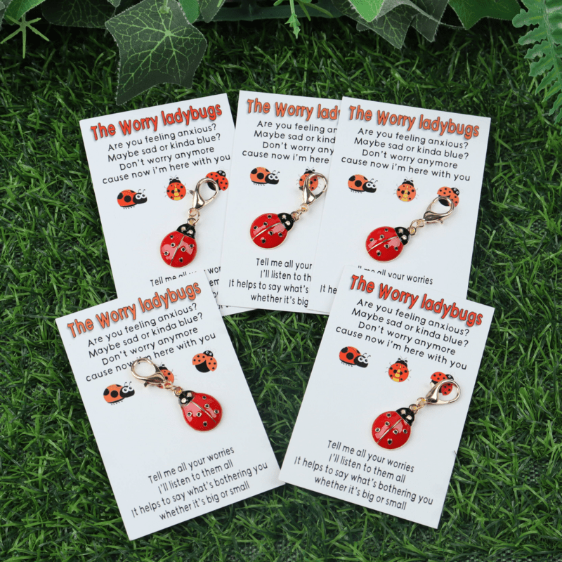 

5pcs Cute Red Ladybug Keychains With Worry Drinking Card, Inspirational Gift For , Thanksgiving And New Year, , Share Your Worries