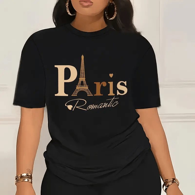 

Women's Plus Size Paris Print T-shirt & Biker Shorts Set, Casual Crew Neck Short Sleeve Top With Medium Stretch Knit Fabric, Regular -season Outfit