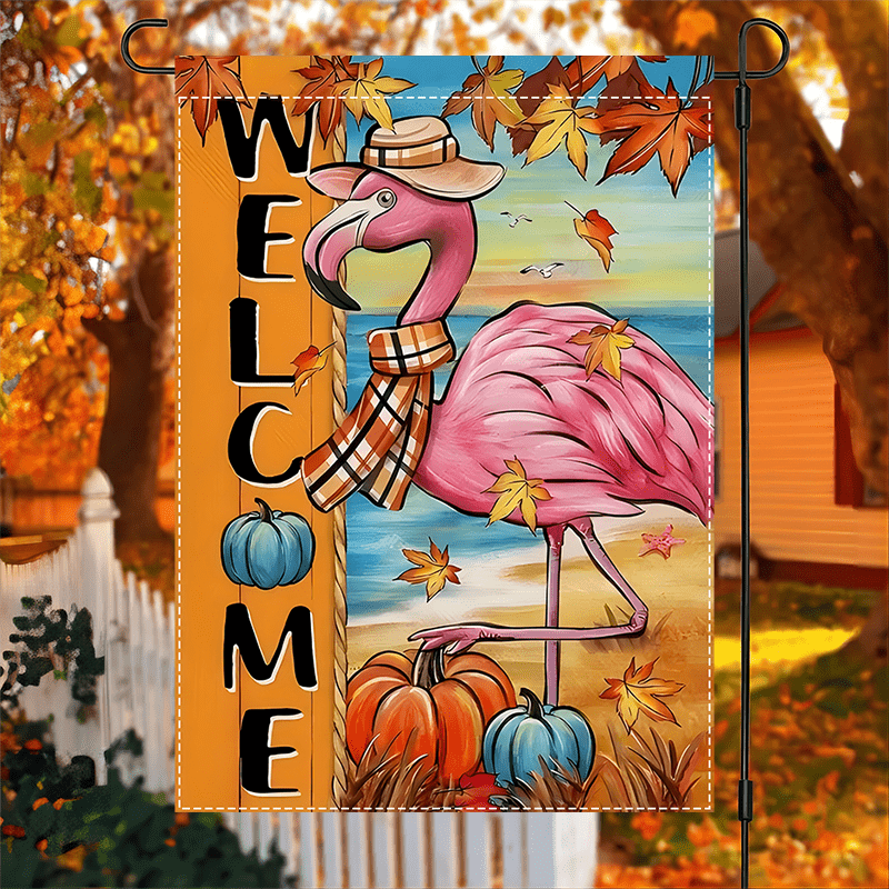 

1pc Flamingo Garden Flag, 12x18inch, Linen Material, Double-sided, Waterproof, Pumpkin & Maple Leaf Design, Patio Decorations For Thanksgiving & , Outdoor Accessories, Machine Washable