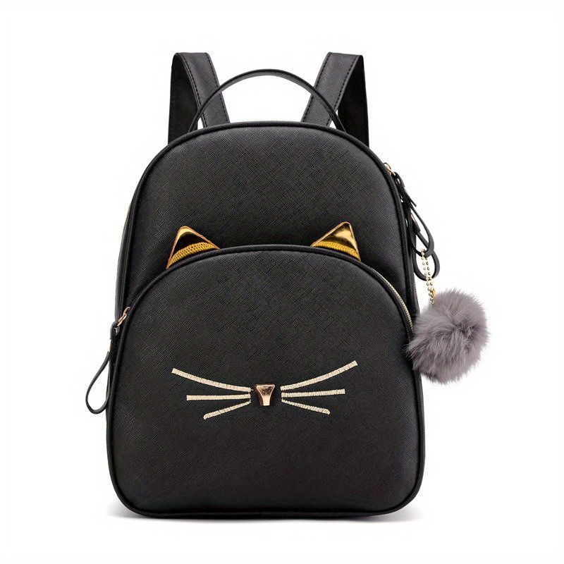 Image of Cartoon Cat Backpack Korean Pu Easy Cute Casual Women' Fashion Pom-pom Rucksack