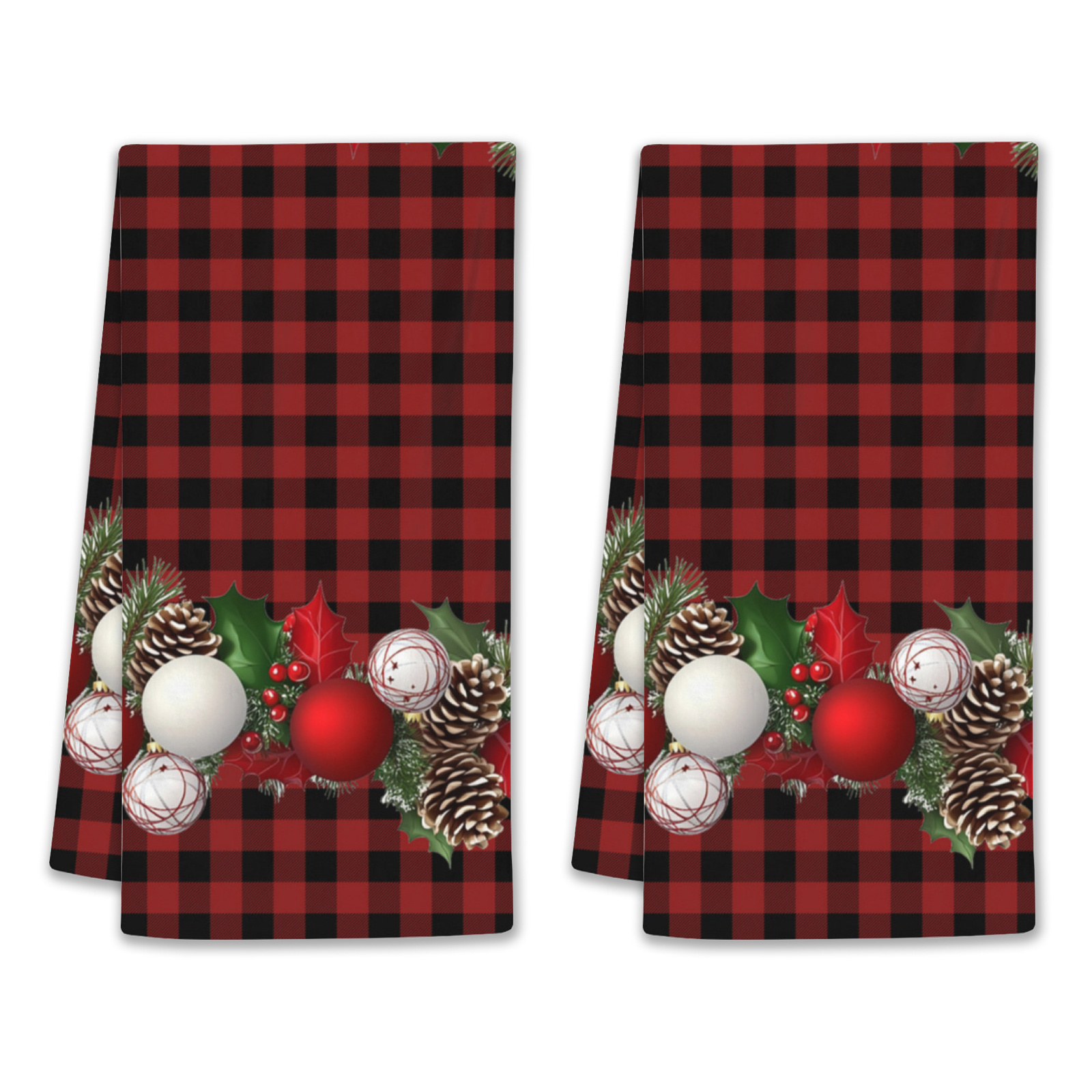 

2pcs Christmas Towels - With Holly, Pinecones & Design For Kitchen & Bathroom Decor, Christmas Decor