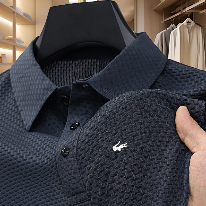 

Men's Geometric Patterned Polo Shirt, Knitted Nylon, Regular Fit, , Summer Short Sleeve, Collar, Button Detail, Breathable Fabric, Outdoor Sports Top