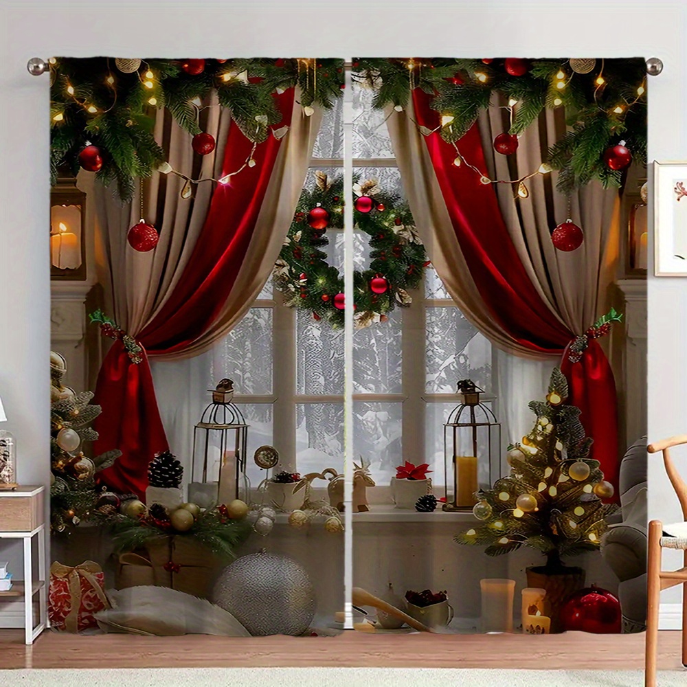 

2pcs Set Christmas Printed Curtains - Polyester, , Rod For , , Dining &