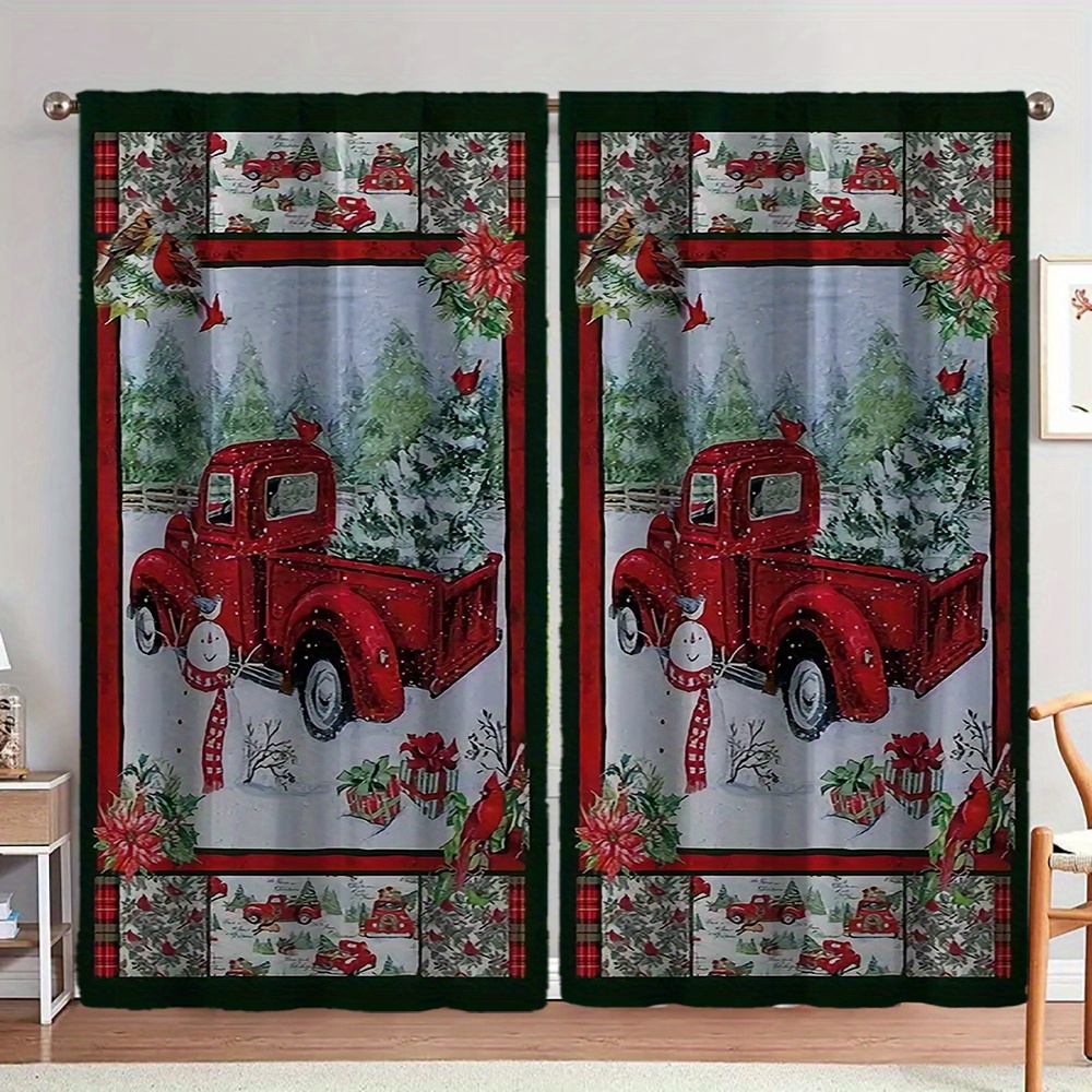 

2-pack Contemporary Christmas Truck Patterned Polyester Curtains, Machine Washable, Knit Weave, For Room Types, No Battery Needed