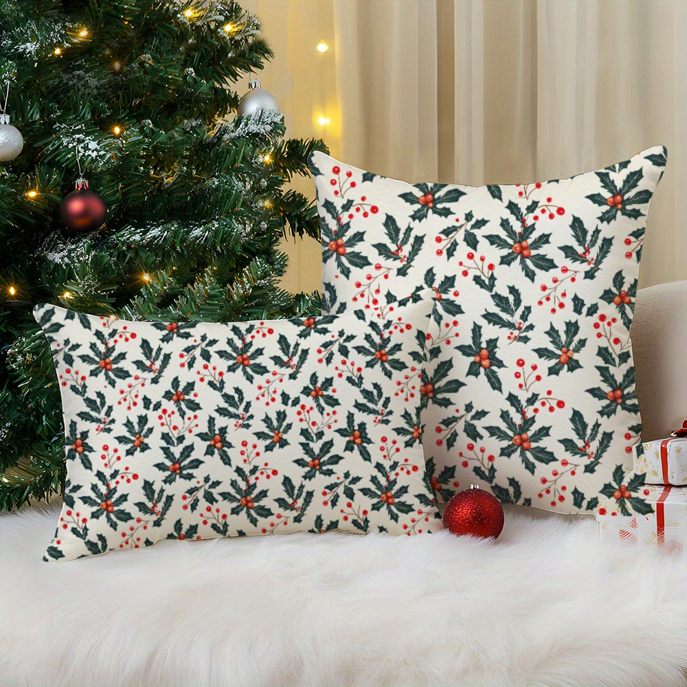 

Christmas Holly & Berries Design Throw Cushion Covers - 1pc, Polyester Knit Fabric, Zippered, Contemporary Style For Room Types, Machine Washable (cushion Insert Not Included)